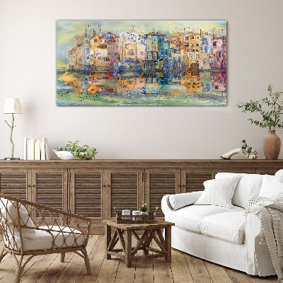 A colorful town by the water Glass Wall Art