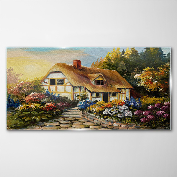 A charming country cottage in flowers Glass Wall Art