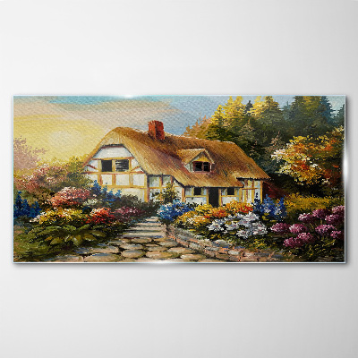 A charming country cottage in flowers Glass Wall Art