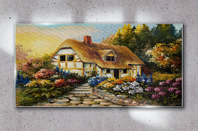 A charming country cottage in flowers Glass Wall Art