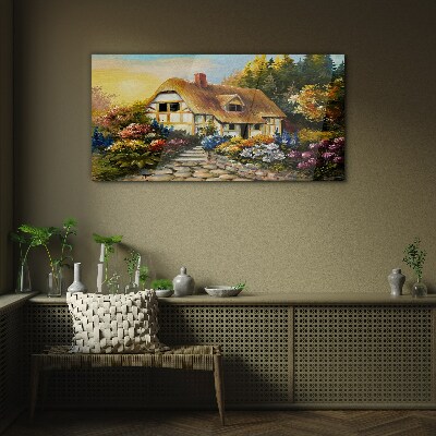 A charming country cottage in flowers Glass Wall Art