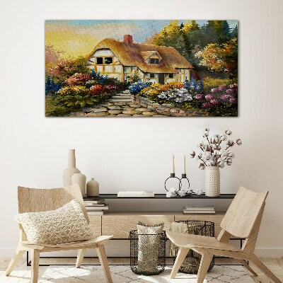 A charming country cottage in flowers Glass Wall Art