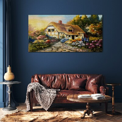 A charming country cottage in flowers Glass Wall Art