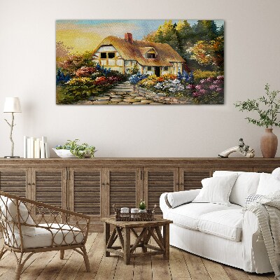 A charming country cottage in flowers Glass Wall Art