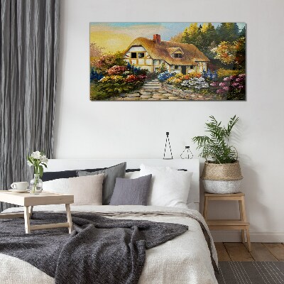 A charming country cottage in flowers Glass Wall Art