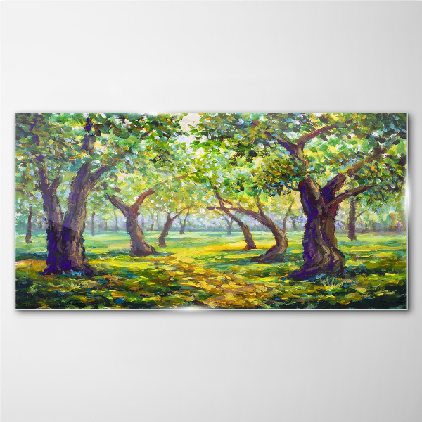 Green grove in the sun's rays Glass Print