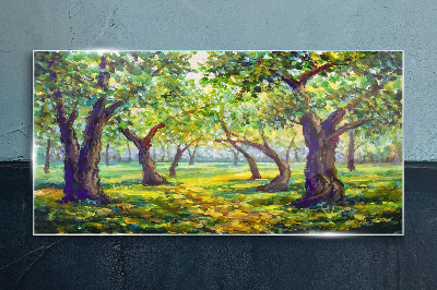 Green grove in the sun's rays Glass Print
