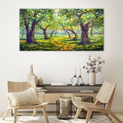 Green grove in the sun's rays Glass Print
