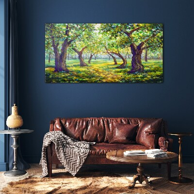 Green grove in the sun's rays Glass Print