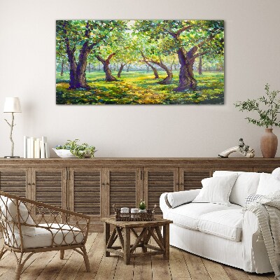 Green grove in the sun's rays Glass Print