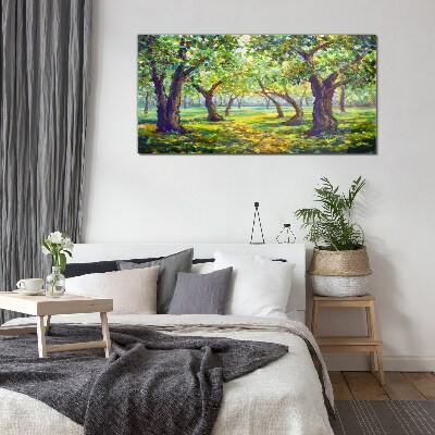 Green grove in the sun's rays Glass Print
