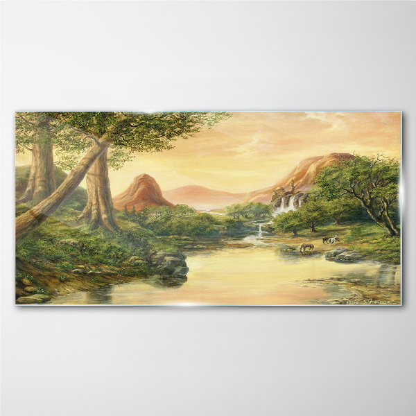 A peaceful landscape with a river and trees Glass Wall Art