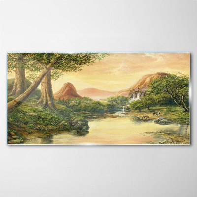 A peaceful landscape with a river and trees Glass Wall Art