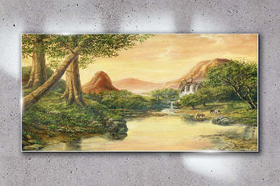 A peaceful landscape with a river and trees Glass Wall Art