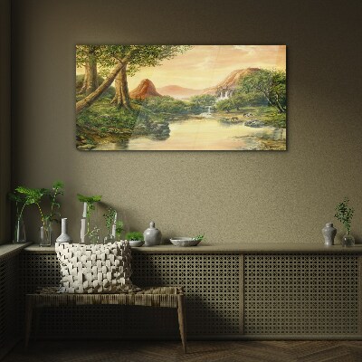 A peaceful landscape with a river and trees Glass Wall Art