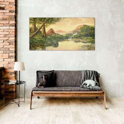 A peaceful landscape with a river and trees Glass Wall Art