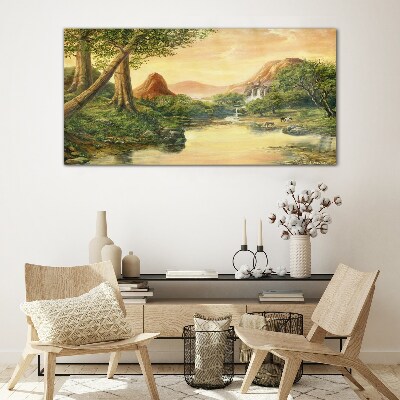 A peaceful landscape with a river and trees Glass Wall Art