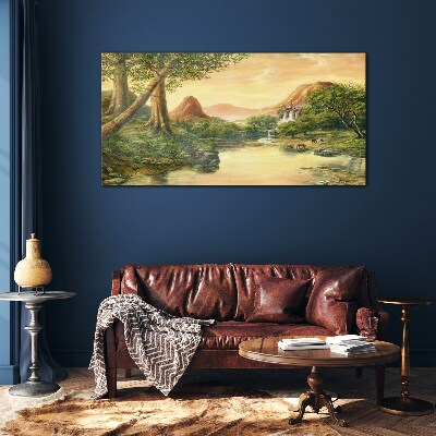 A peaceful landscape with a river and trees Glass Wall Art