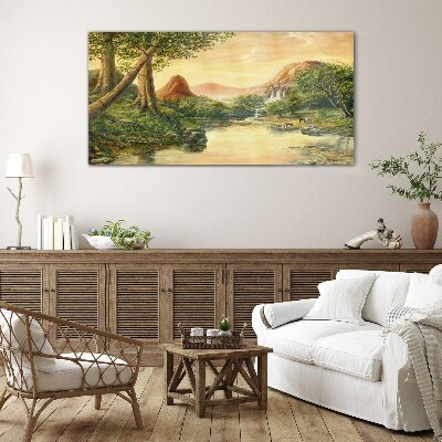 A peaceful landscape with a river and trees Glass Wall Art