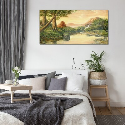 A peaceful landscape with a river and trees Glass Wall Art