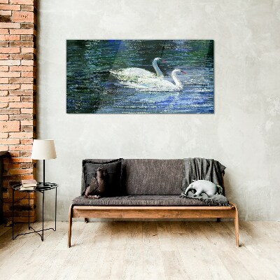 Calm water with swans Glass Wall Art