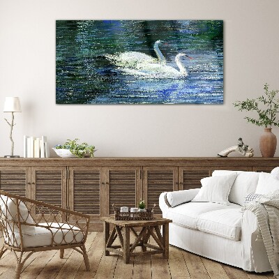 Calm water with swans Glass Wall Art