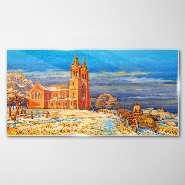 Winter landscape with a church Glass Print