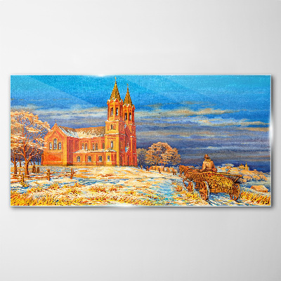 Winter landscape with a church Glass Print