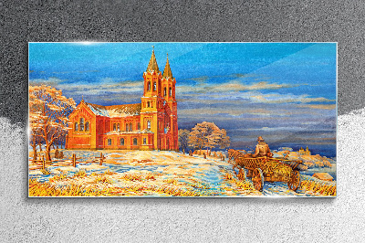 Winter landscape with a church Glass Print