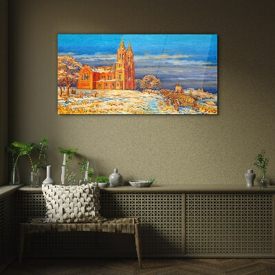 Winter landscape with a church Glass Print