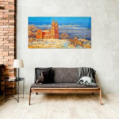 Winter landscape with a church Glass Print