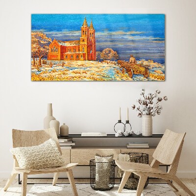 Winter landscape with a church Glass Print