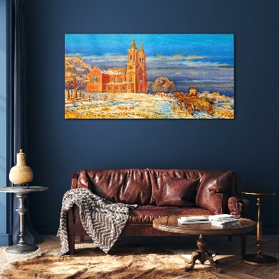 Winter landscape with a church Glass Print