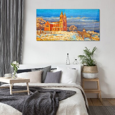 Winter landscape with a church Glass Print