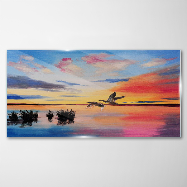 Lake birds sunset Glass Wall Art