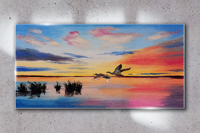 Sunset over the lake Glass Wall Art