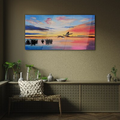 Sunset over the lake Glass Wall Art