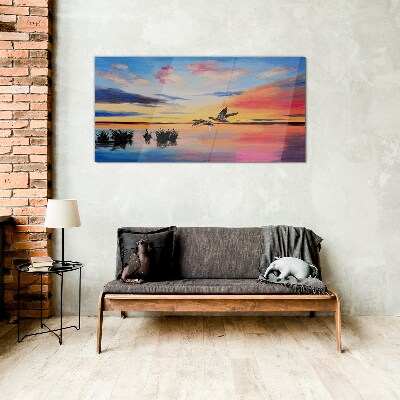 Sunset over the lake Glass Wall Art