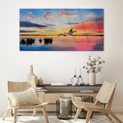 Sunset over the lake Glass Wall Art