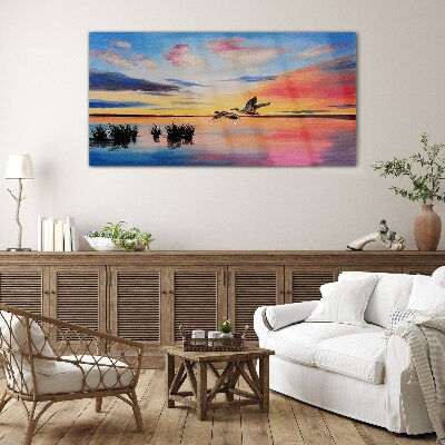 Sunset over the lake Glass Wall Art