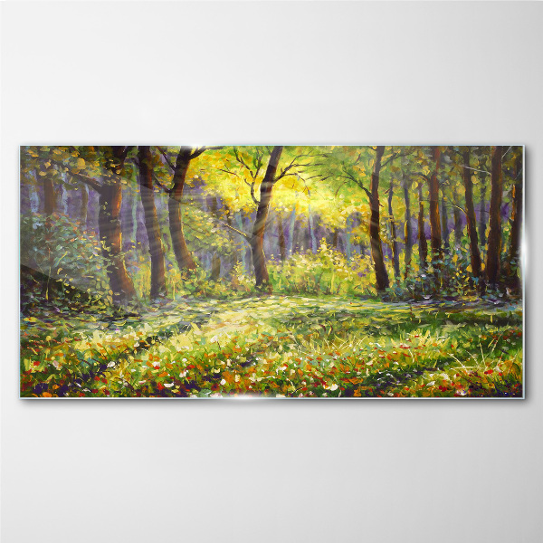 Golden light in the forest grove Glass Print