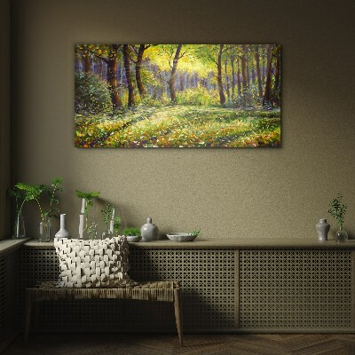 Golden light in the forest grove Glass Print