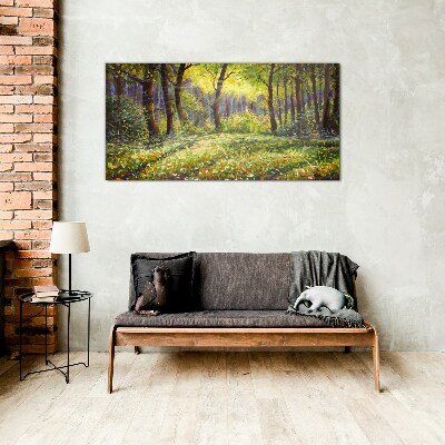 Golden light in the forest grove Glass Print