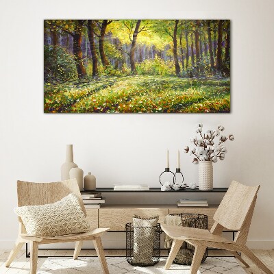 Golden light in the forest grove Glass Print