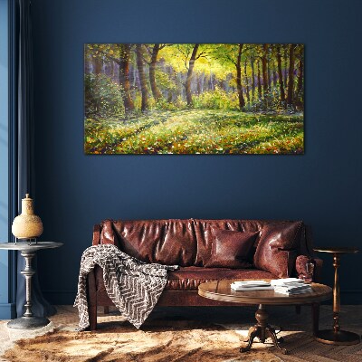 Golden light in the forest grove Glass Print