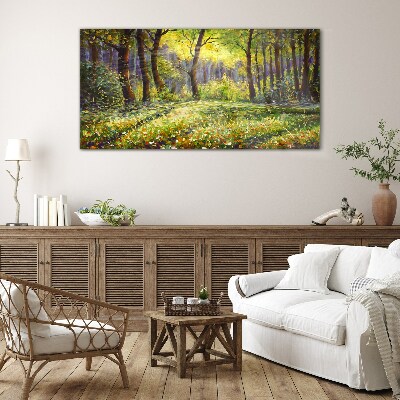 Golden light in the forest grove Glass Print