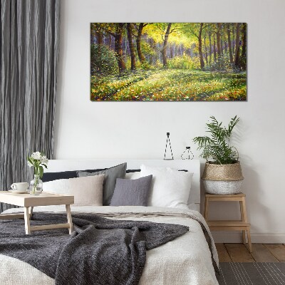 Golden light in the forest grove Glass Print