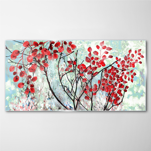 Red leaves on a blue background Glass Print