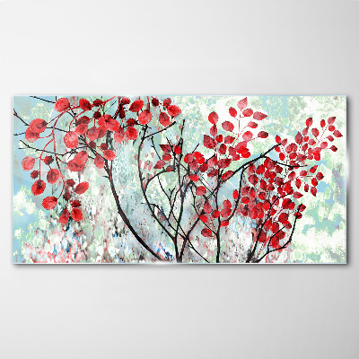 Red leaves on a blue background Glass Print