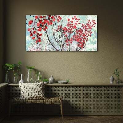 Red leaves on a blue background Glass Print